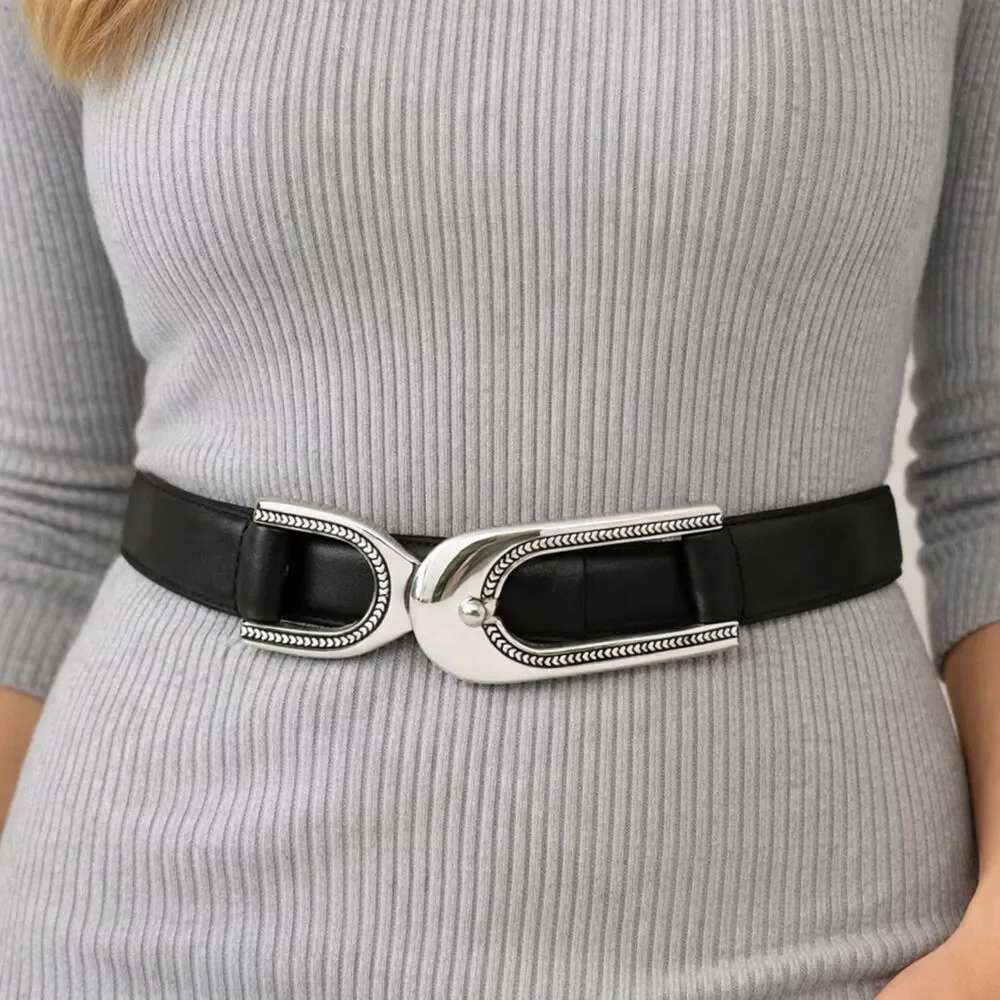 CHICO'S Leather & Silver Hook Buckle Belt Womens M/L Black Adjustable Statement